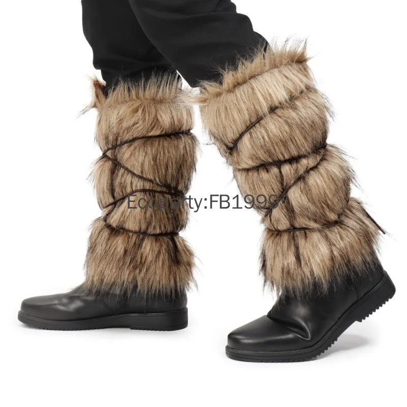 Adult Medieval Faux Fur Warm Leggings Retro Hunter Pirate Cosplay Furry Foot Cover Halloween Carnival Party Dress Up Accessories