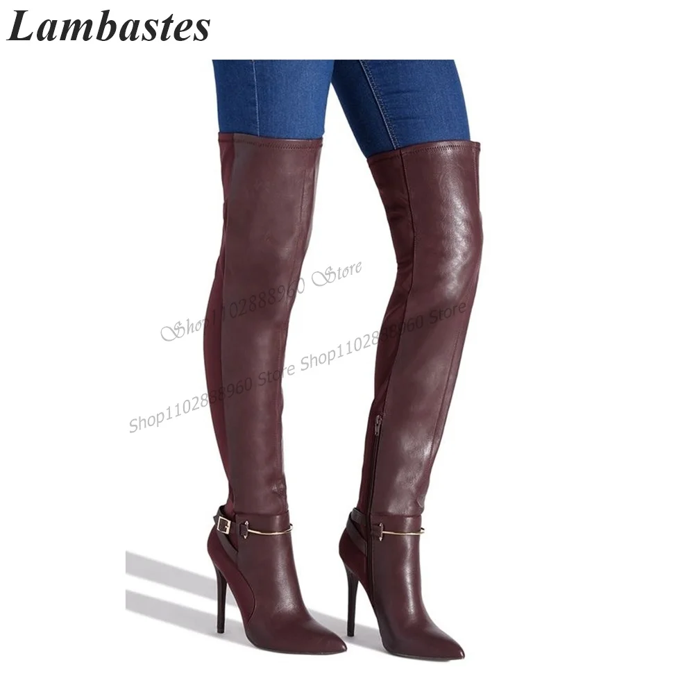 Over The Knee Black Buckle Strap Metal Decor Slim Boots Thin High Heel Women Shoes Side Zipper Pointed Toe 2023 Zapatillas Mujer