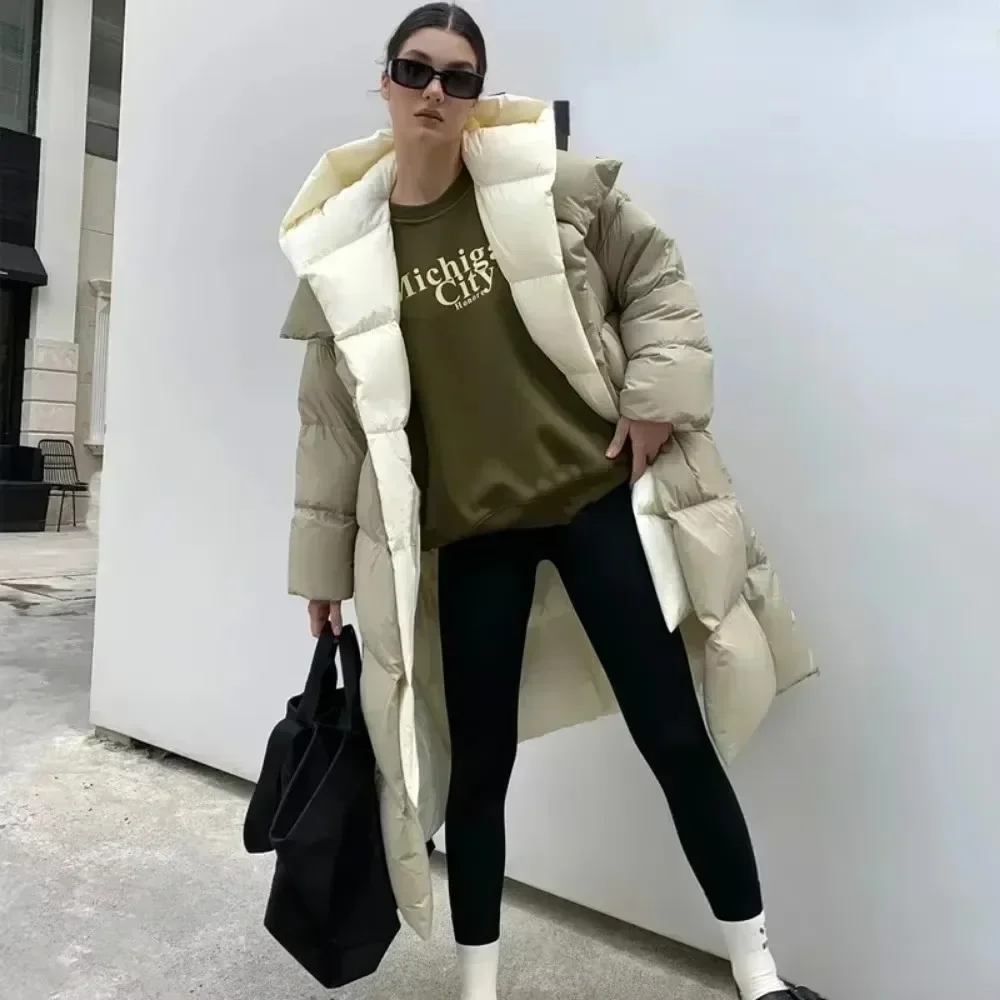 2025 Women Winter Thickness Warm Long Puffer Coat Fluffy White Duck Down Jacket Hooded Female Fashion Fake Two-piece Parkas