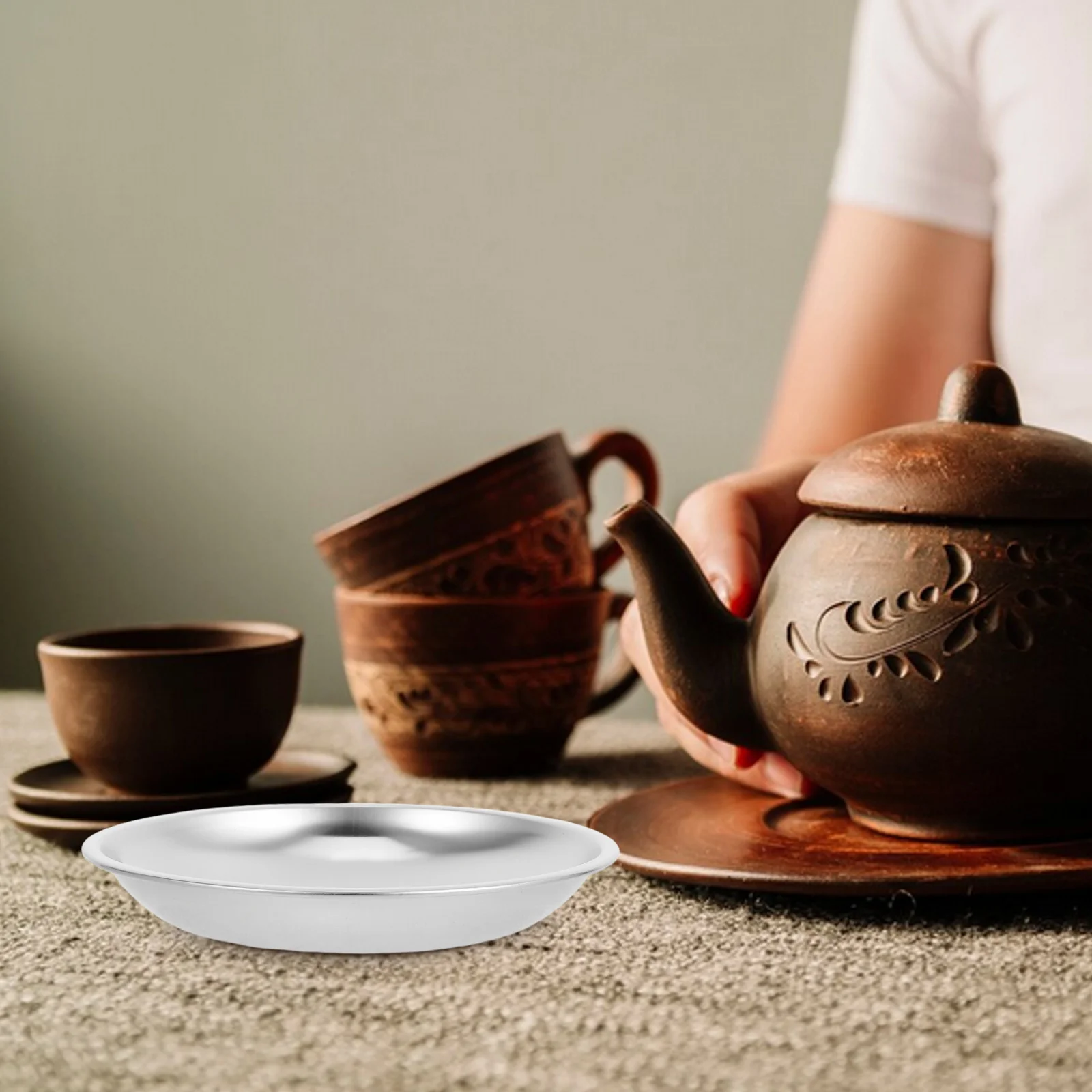 

Stainless Steel Dish Round Metal Coaster Holder Organizer Drip Tray Storage Plate For Home Office House Use Household