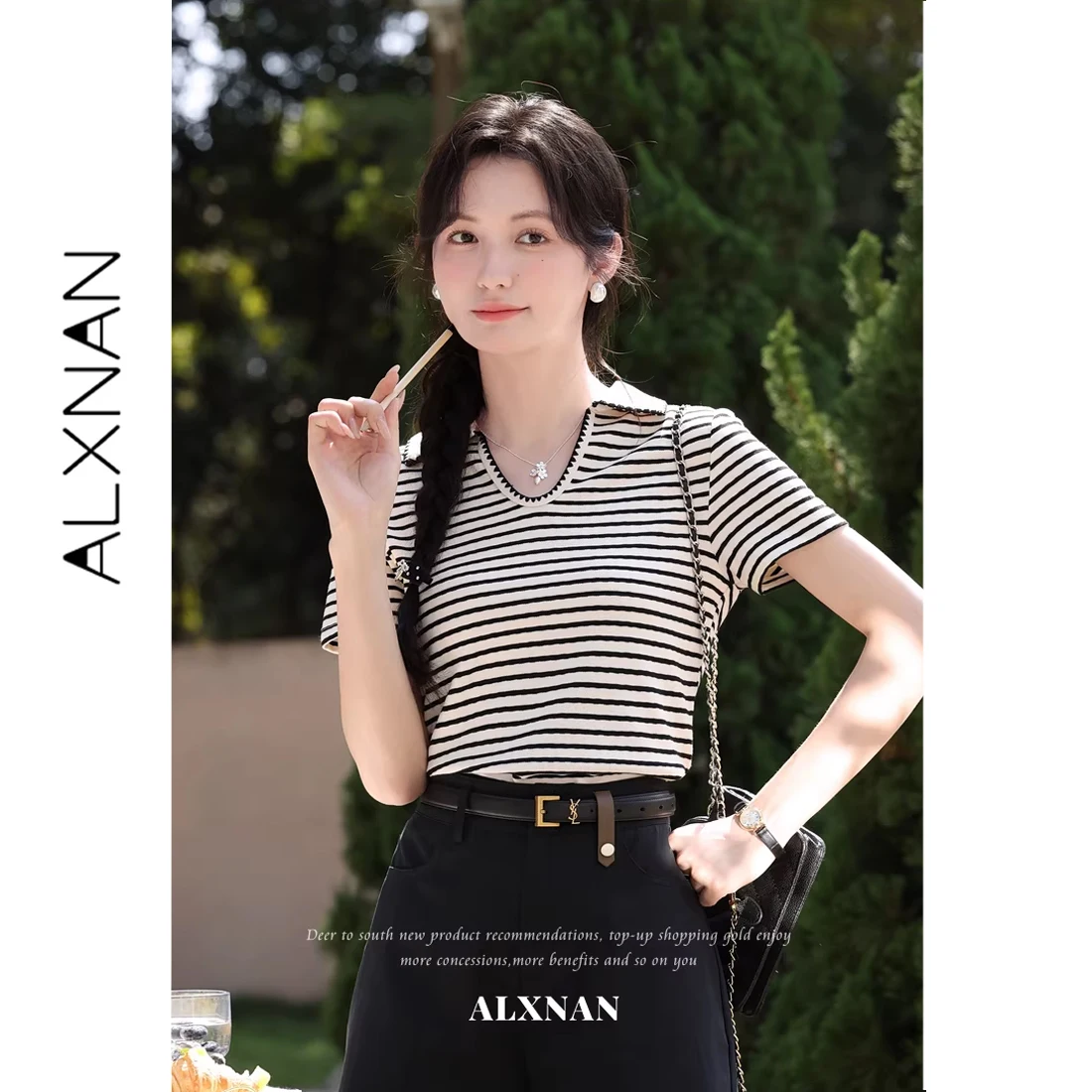

Футболка ALXNAN в черно-белую полоску, элегантная футболка с отложным воротником и коротким рукавом, летняя повседневная свободная офисная модная женская блузка 2026 L62751