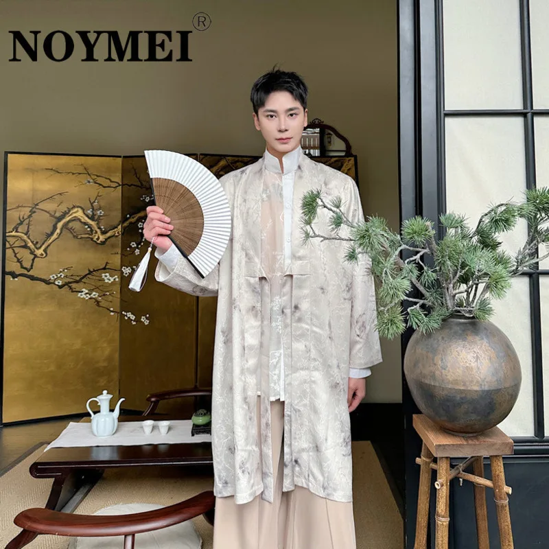 NOYMEI Autumn New Medium Length Men's Shirt Elegant Loose Stand Collar Long Sleeeve Loose Printing Blouses 2024 WA5636