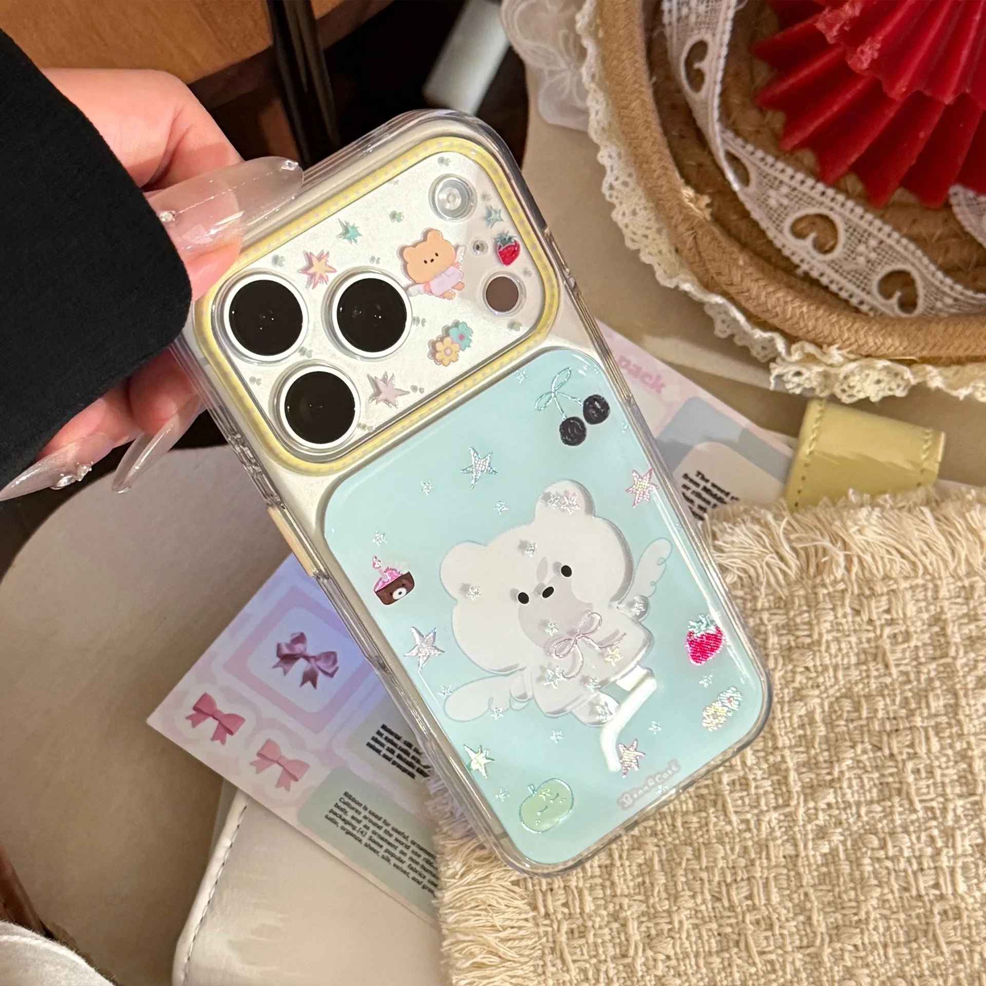 Korean Hollow Out Cartoon Bear Graffiti Pattern Phone Case For iPhone 17 16 15 14 Pro Max Clear Shockproof Protective Soft Cover view 3