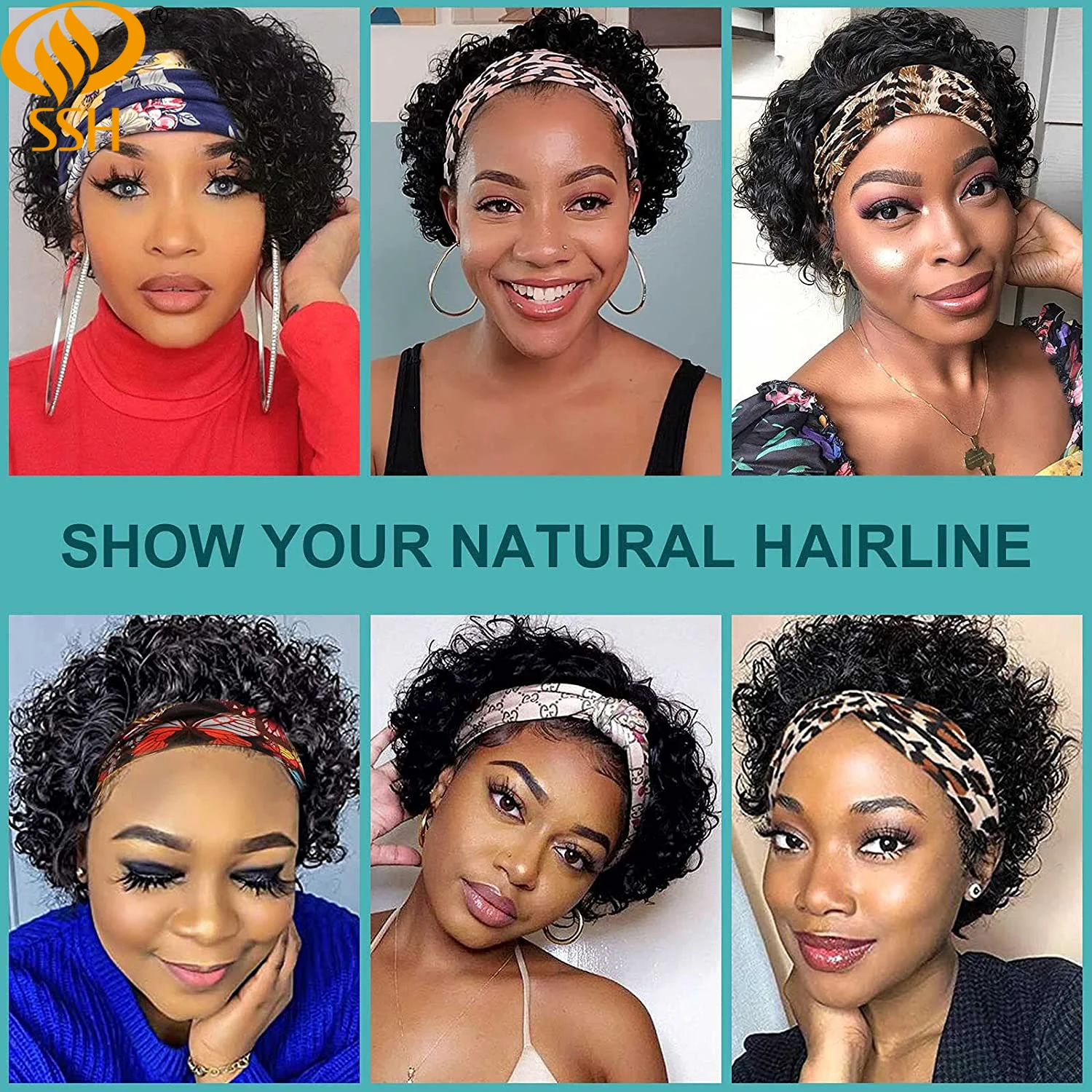 SSH short Curly Scarf Headband Wigs Afro Kinky Curly Hair Wig Turban Wrap Wig Brazilian Remy Human Hair Wigs for Black Women