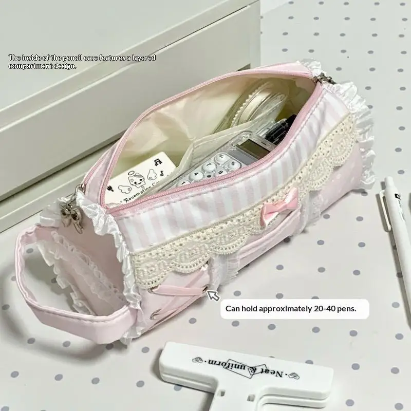 Rosa Mädchen-Stiftetui mit süßer Spitze, großes Fassungsvermögen, Schreibtisch-Organizer, Stifttasche, süße Mädchen-Make-up-Tasche, Geschenk, 1 Stück – Detail 3