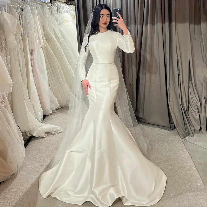 

Eightree Formal Mermaid Wedding Dresses Women Long Sleeve Button Satin Wedding Gowns Boho Beach Bridal Prom Dress Custom Size