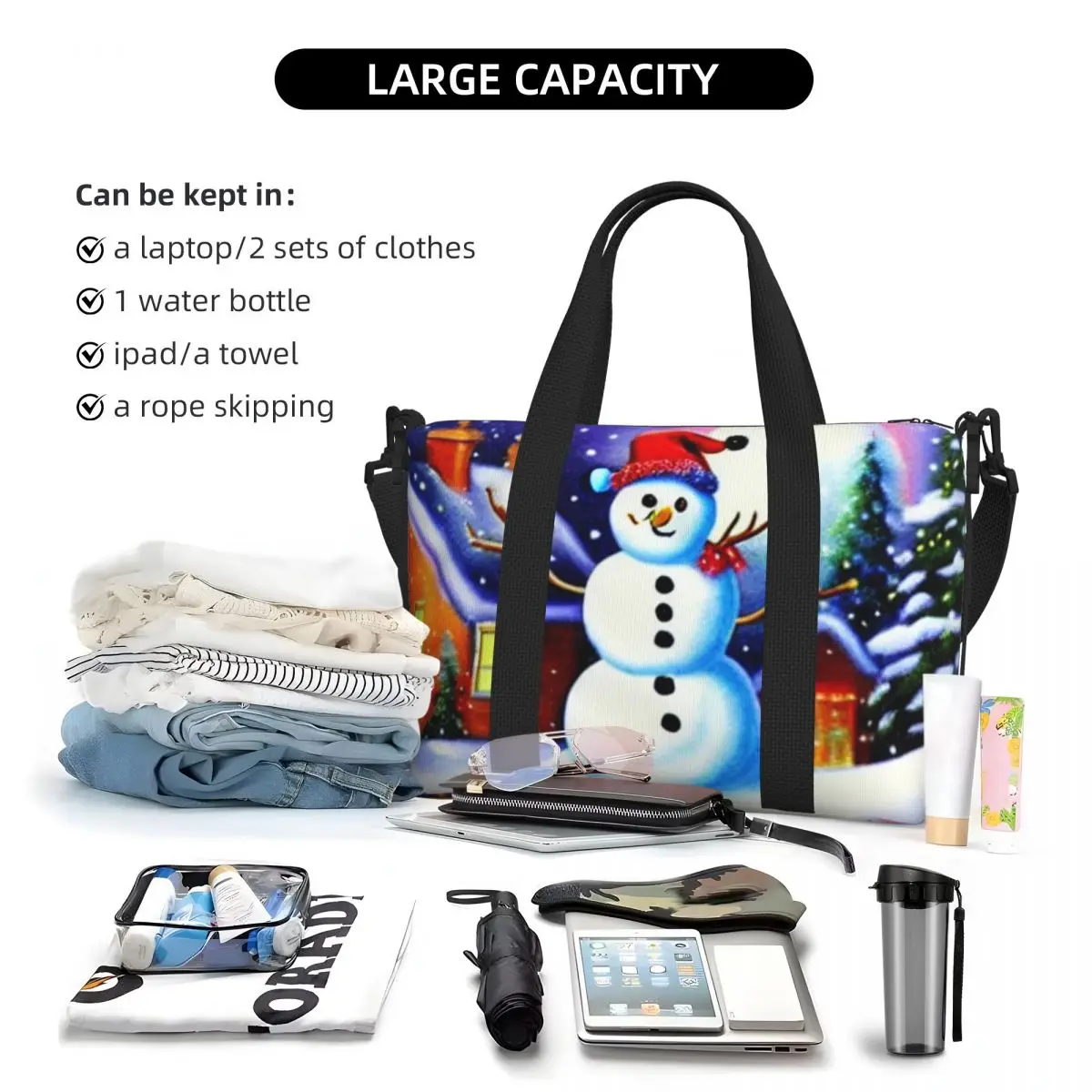 Custom Christmas Snowman Beach Tote Bag Women Extra Large Gym Carry On New Year Gnome Travel Shopping Bags