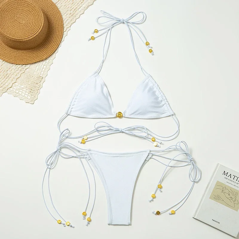 

Bikini Set Swimsuit Women Metal Chain Decoration Bandage Triangle Micro Bikini Swimwear Trendy Solid Split Bathing Suit 2025 New