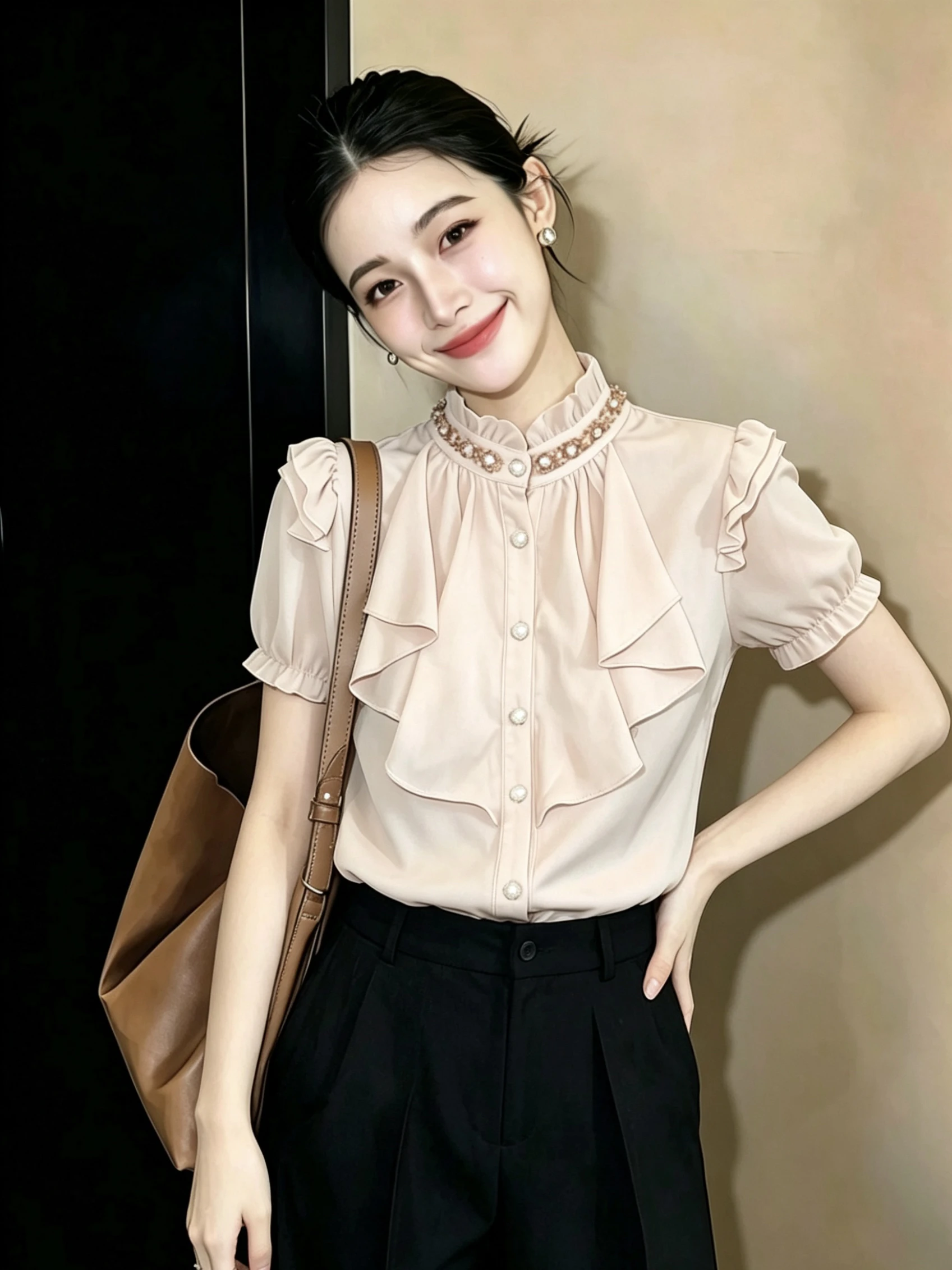 

New Summer Women's Shirt Heavy Embellished Lace Short Sleeve Chiffon Fashionable Single Button Wood Grain Popular Style