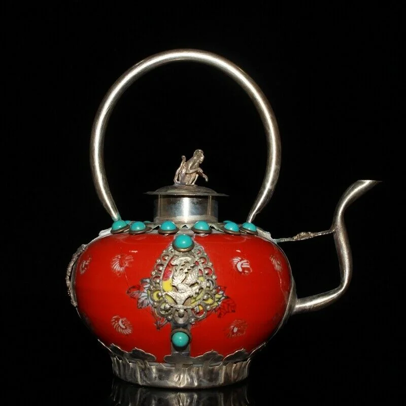 

Old Chinese Tibet Silver Porcelain Inlay Gem Made Wine Pots Teapots Red