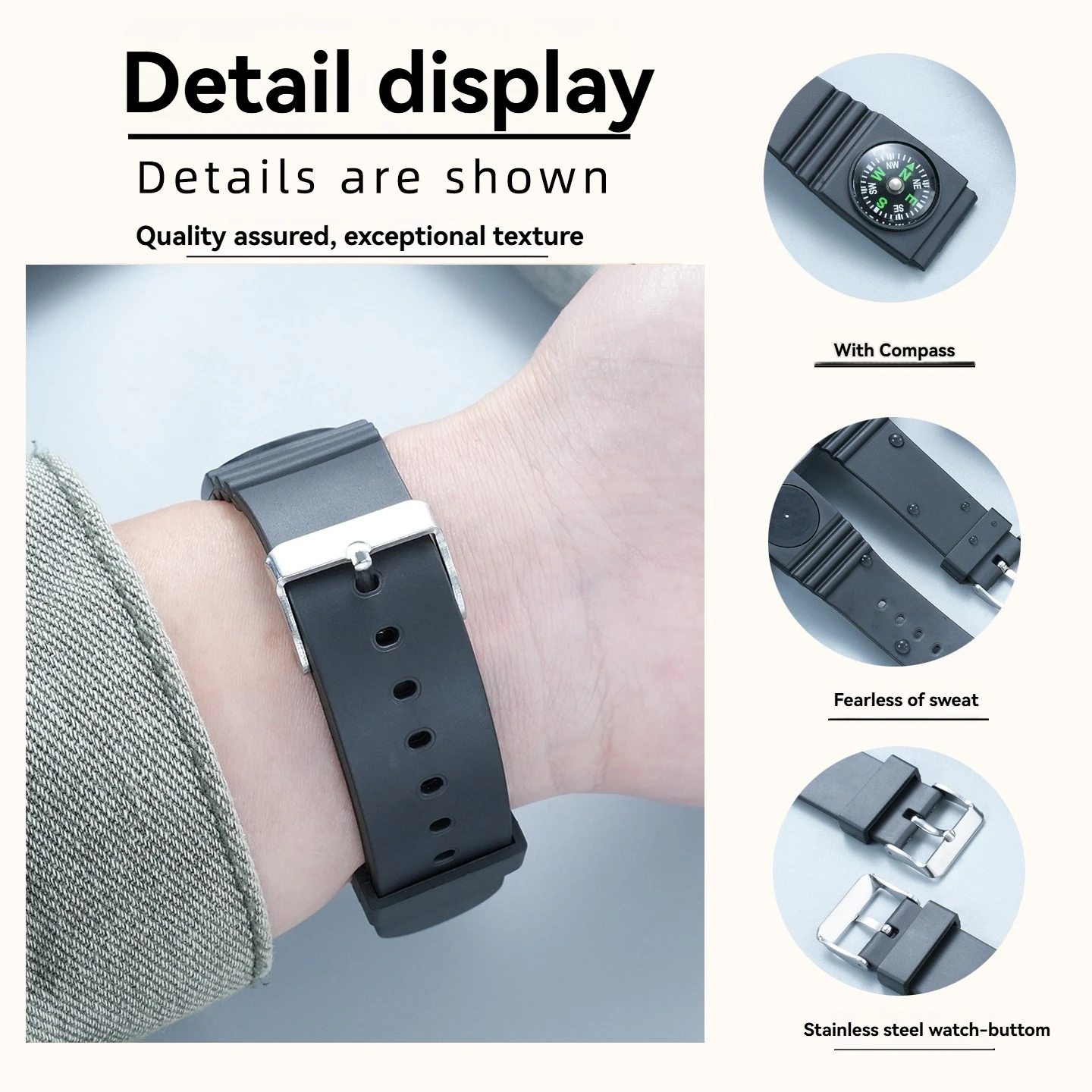 Compass outdoor silicone watch strap is suitable for Seiko Citizen universal flat interface men's watch chain accessories 22mm