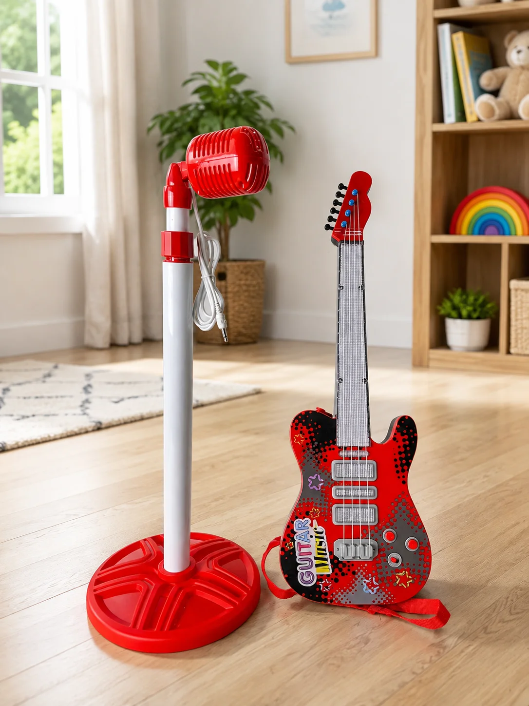 Kids Toy Guitar & Microphone Set, Light‑Up Musical Instrument with Adjustable Stand, Pretend Play Toy, Perfect Birthday Gift for