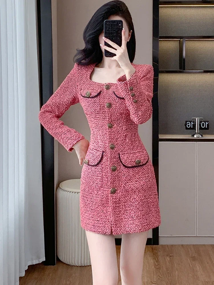 Feminino rosa tweed grosso quente mini vestido outono inverno manga longa gola quadrada vestido 2024 coreano elegante bodycon vestido de aniversário