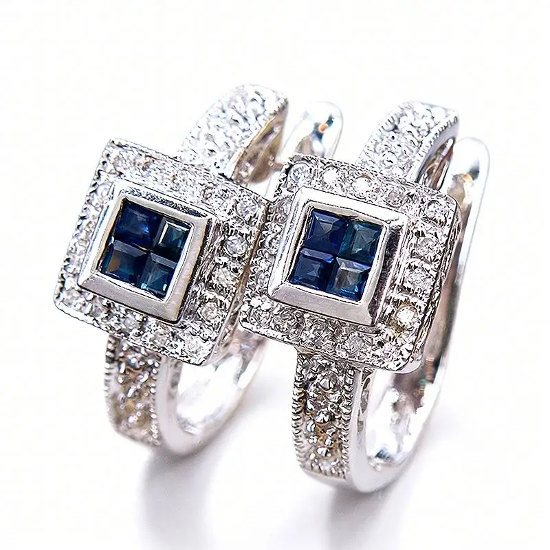 Huitan Damen-Creolen mit geometrischem Design für Hochzeit, Party, modische, zarte Accessoires, eingelegter, glänzender blauer CZ, zarter Schmuck