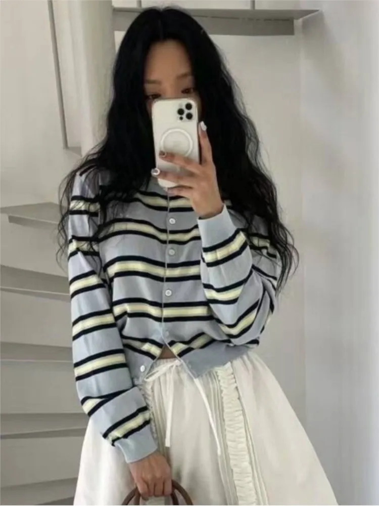 Classic Striped Knitted Cardigan Women's Autumn Round Neck Cotton Soft Design Button Sweater Vintage Sweet Preppy Style Sweaters view 5