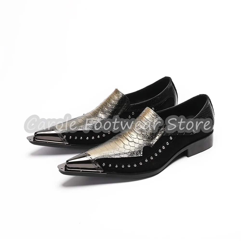 

Punk Rivet Decor Metal Pointed Toe Dress Shoes Male Crocodile Snake Print Slip On Loafers Formal Wedding Party Leather Shoes