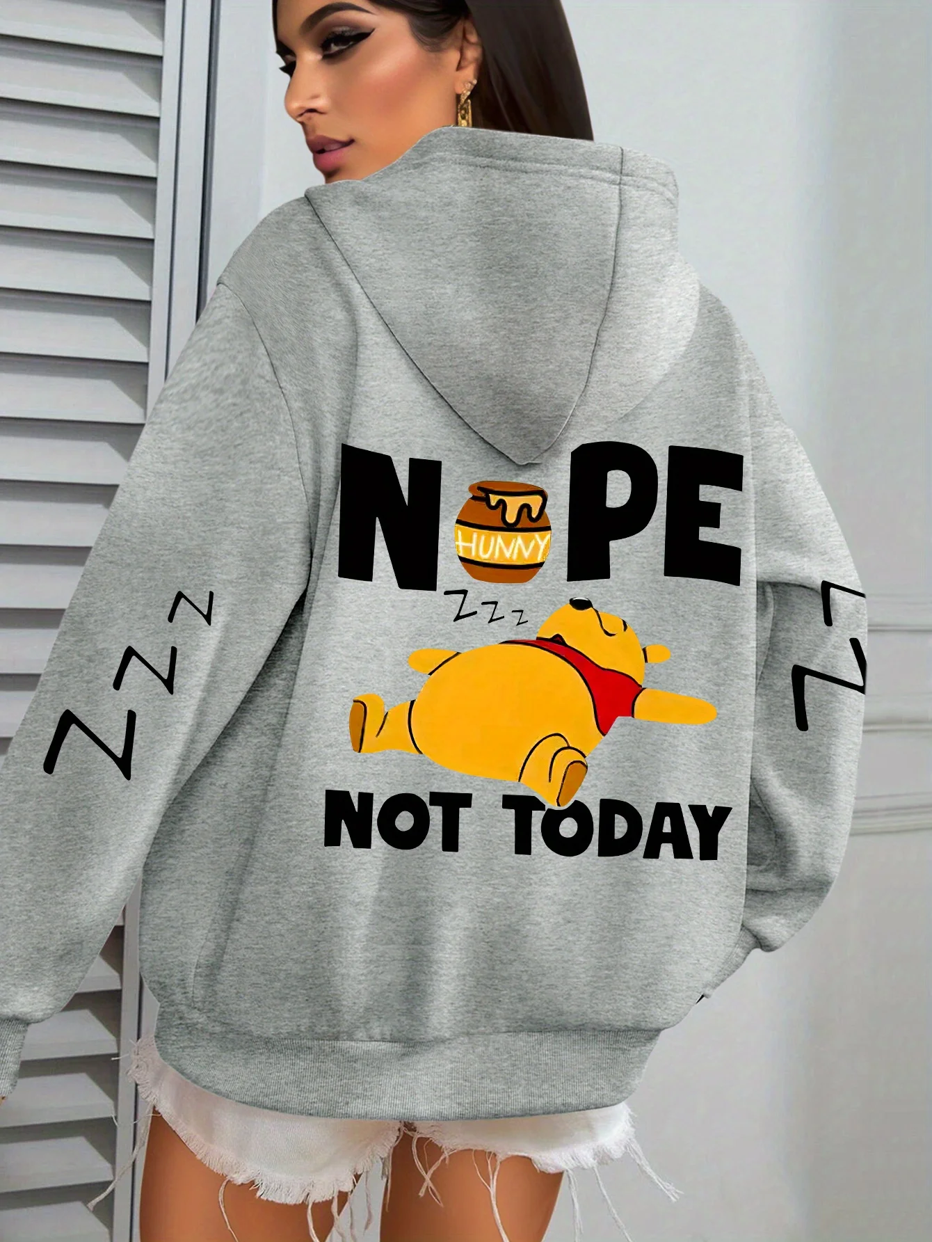 Disney winnie the pooh feminino padrão outono e inverno velo moletom com capuz unisex streetwear oversized solto casual