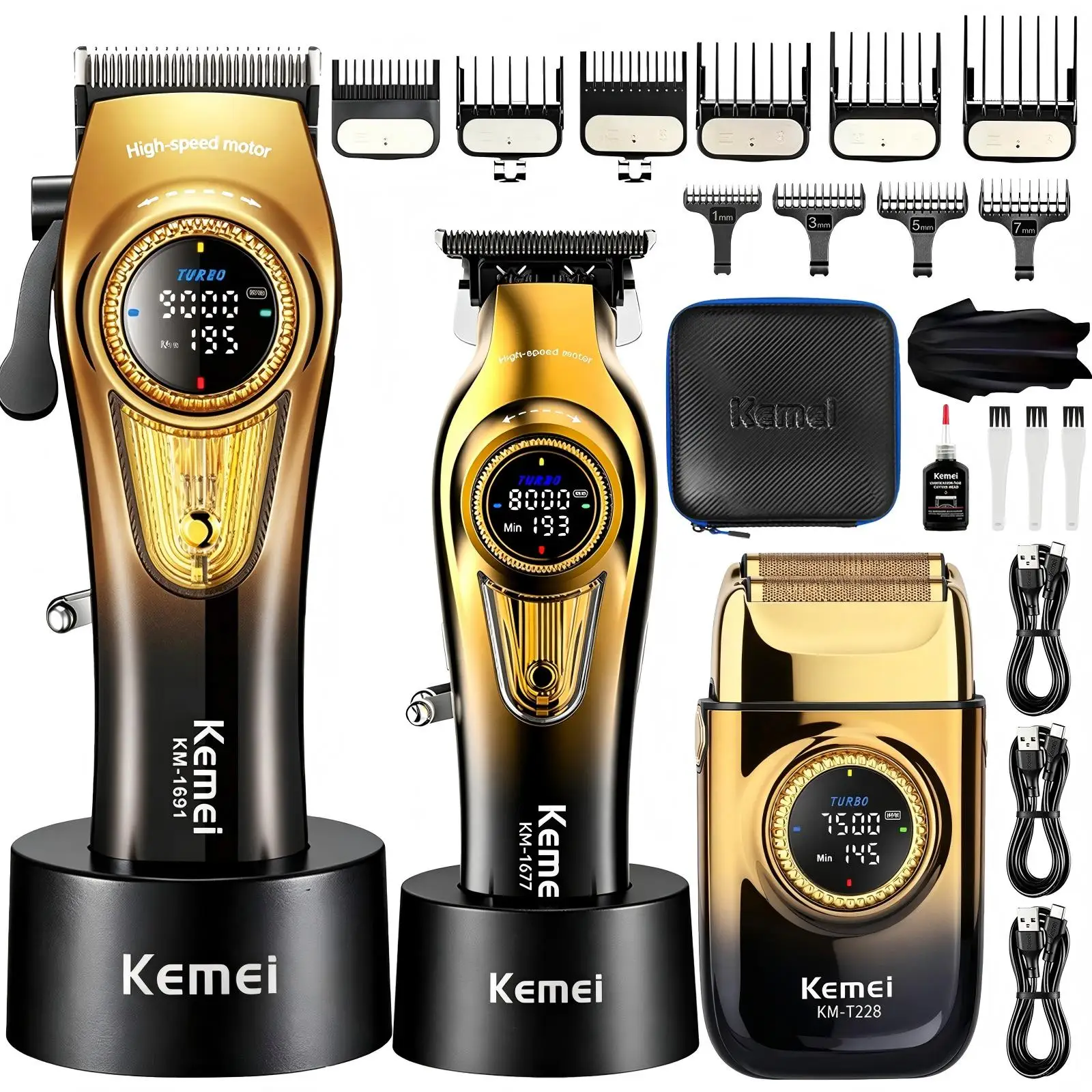 KM-1691+ KM-1671+ KM-T228 High-Performance Men's Grooming Kit: Powder Metallurgy Ceramic Blade Hair Clipper, High-Speed Reciprocating Electric Shaver, Premium 2-in-1 Trimmer for Home Use