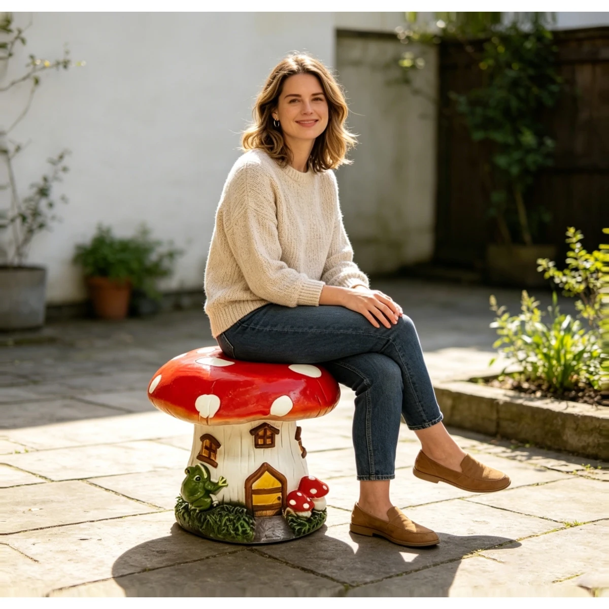 l13.4" Mushroom House Garden Stool, Oversized Resin Sculpture & Fairy Forest Base, Decorative Stool for Home, Courtyard, Lawn, Indoor & Outdoor Spring & Summer Decoration view 5