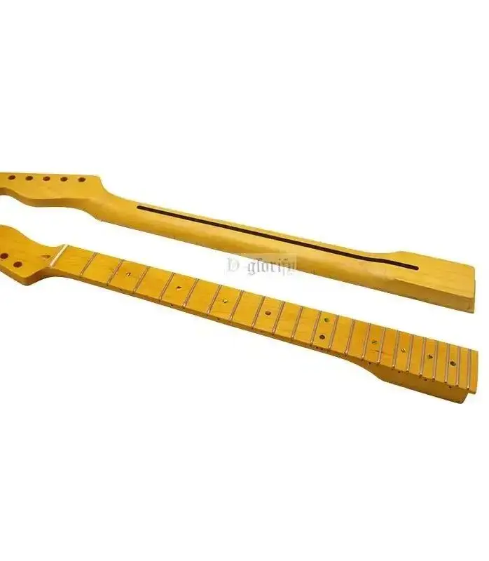 

Unfinished 6-string 22-fret electric guitar neck with matte and gloss finish, maple yellow, DIY musical instrument accessory.