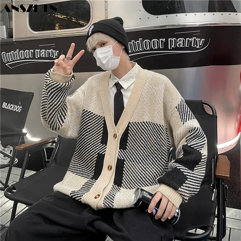 ANSZKTN Autumn and winter men's fashion casual loose shoulder cardigan V neck button sweater