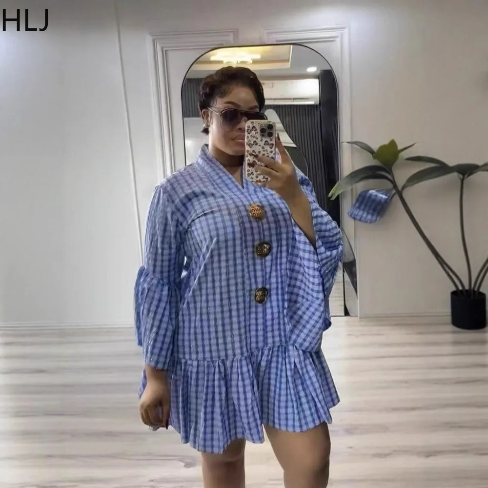HLJ rétro mode damier imprimé Patchwork chemise t-shirt pour femme col en V manches longues robes amples femme fête nuit anniversaire
