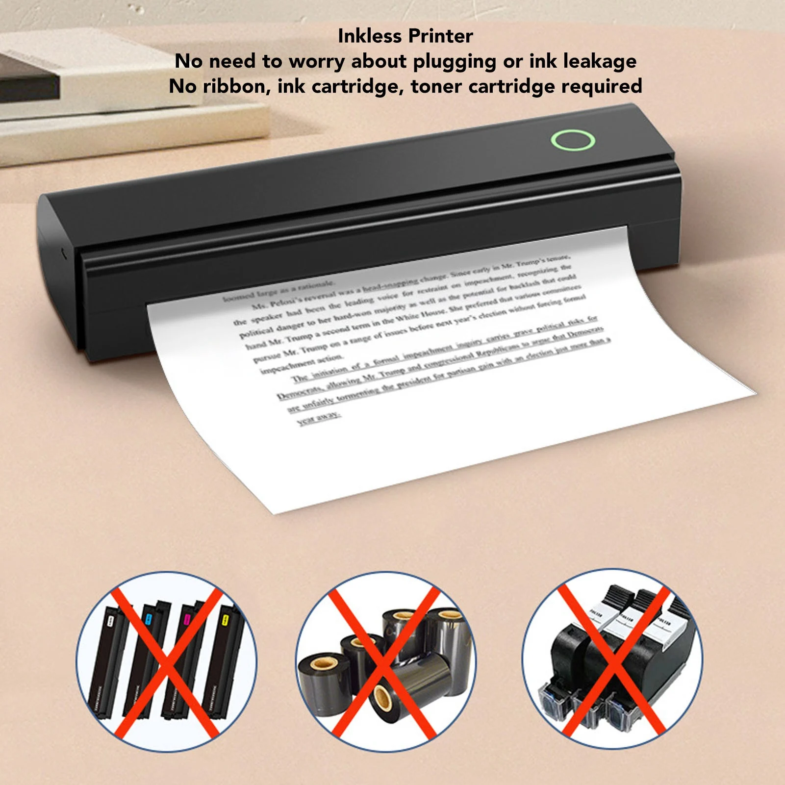 

【New】Portable Inkless Printer 15mm/s Print Speed for Home Use for 210/216mm Paper Compact Printer 203DPI Accuracy BT USB