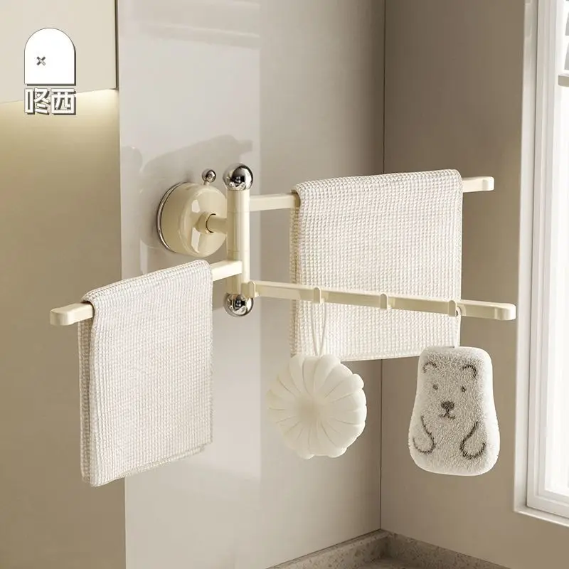 Cream White Rotatable Towel Rack, Suction Cup Wall Mounted 3 Tier Towel Bar with Hooks, Self Adhesive No Drilling Towel Holder