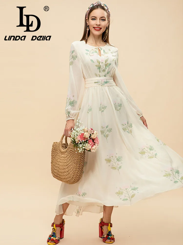 Imagem -03 - Linda Della 2023 Primavera Pista Moda Vestido de Férias para Mulheres Manga Longa Cintura Alta Flor Impressão Elegante Festa Midi Vestido ld