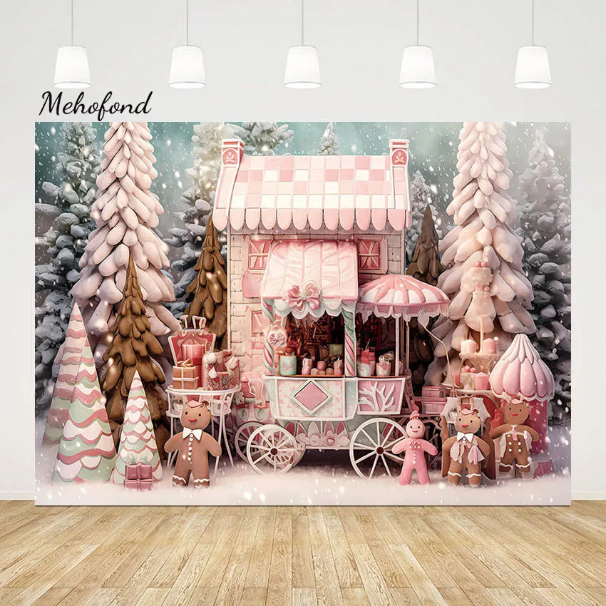 Mehofond Merry Christmas Backdrop Xmas Tree Gift Decoration Pink Cart Cookie Background Booth Studio Photography Supplies Props