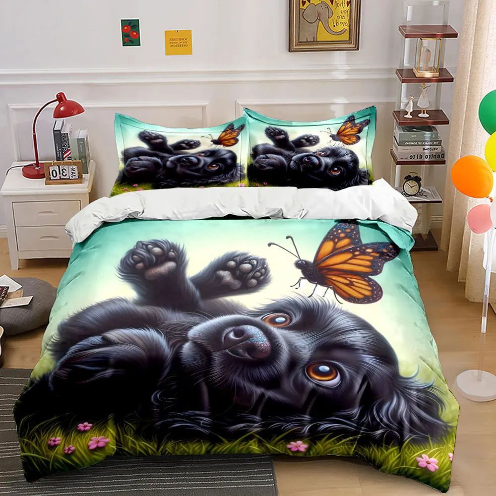 

A small black dog plays with butterflies Pattern Duvet Cover Set Digital Print Colorful Polyester Bedding with Zipper Closur