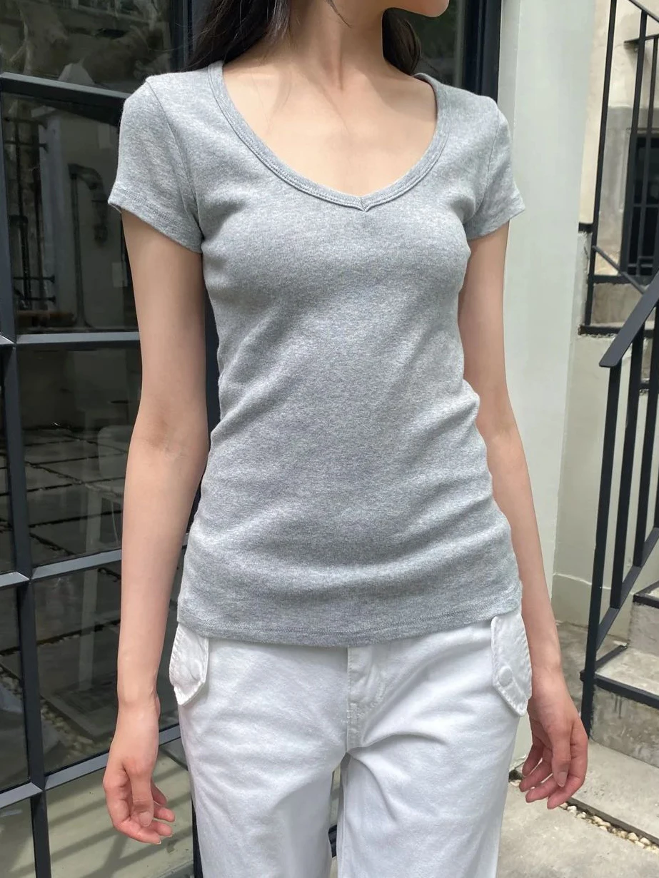 Gray Basic Slim T-shirt Woman Summer V-neck Short Sleeve Cotton Tee Shirt Female Casual Simple All-matc New Tshirt Y2k Tops