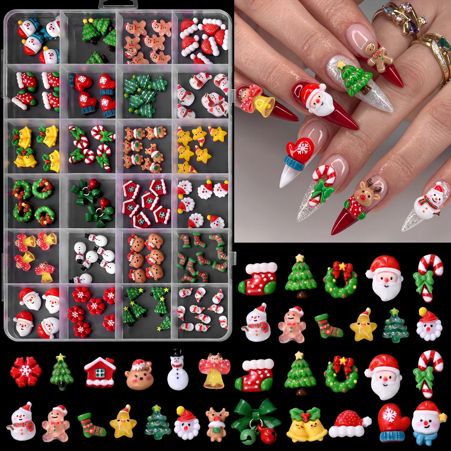 24Grids 3D Kawaii Christmas Nail Charms Santa Snowman Gingerbread Man Bell Xmas Tree Nails Decorations DIY Winter Manicure Parts