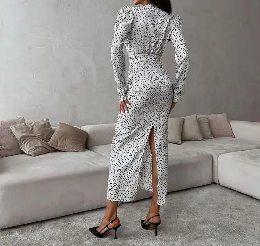 

Dress Women's 2025 Spring Latest Hot Selling New Sexy V-Neck Bubble Sleeve Polka Dot Flower Slit Dress Autumn Fashion Long Dress