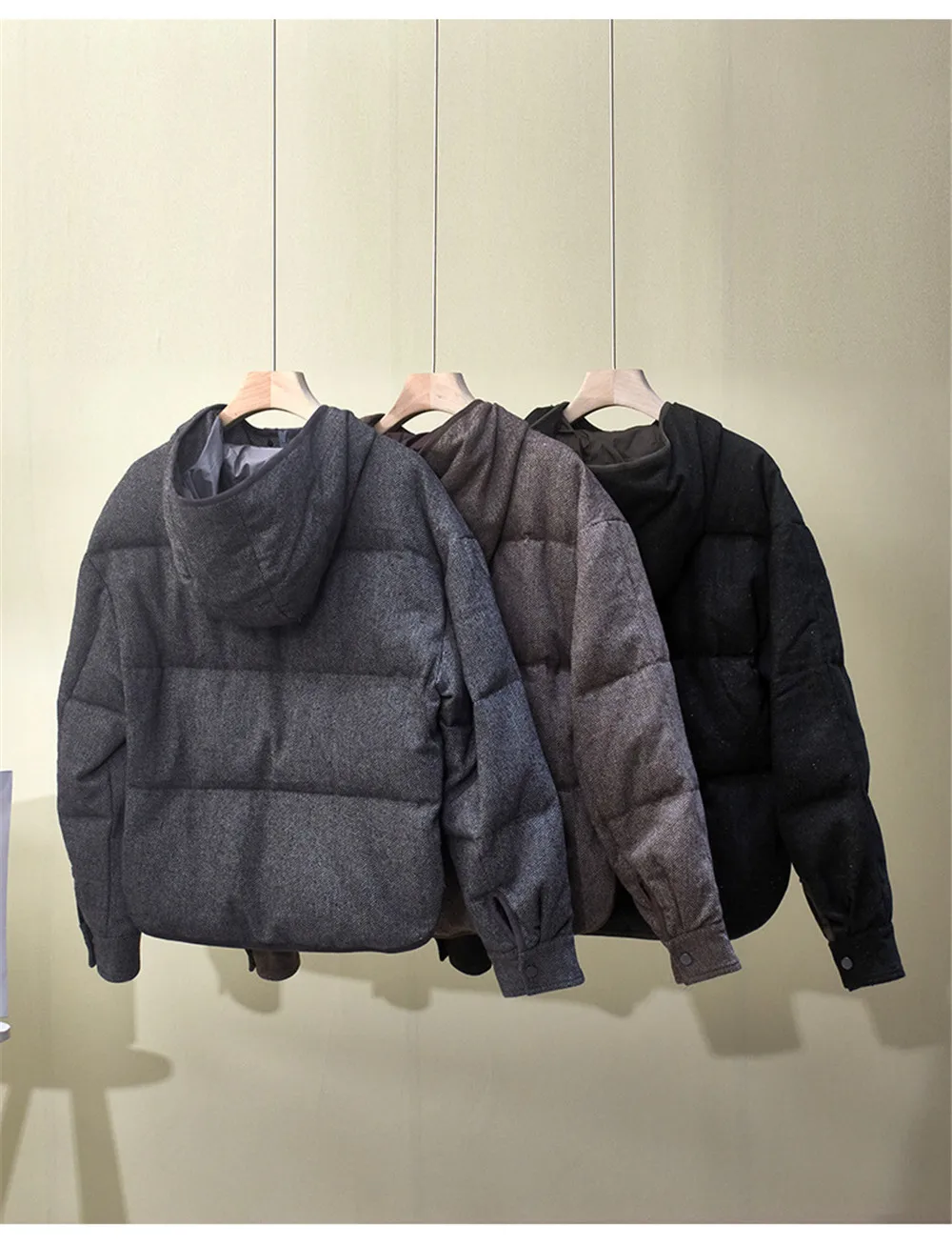 Winter Women's New Hooded Loose HerrinGbone Pattern Cardigan With Wool Splicing Goose Down Warm Down Jacket