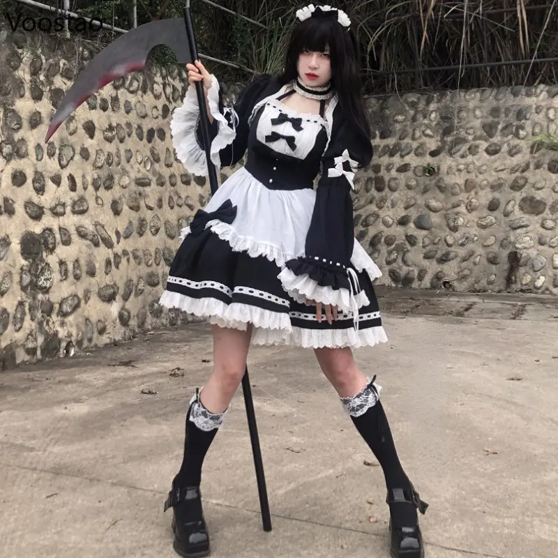 Japanische Gothic Lolita OP Kleid Vintage Mädchen Dark Spitze Rüschen Bogen Maid Party Kleider Frauen Süße Prinzessin Schwarz Weiß Kleid