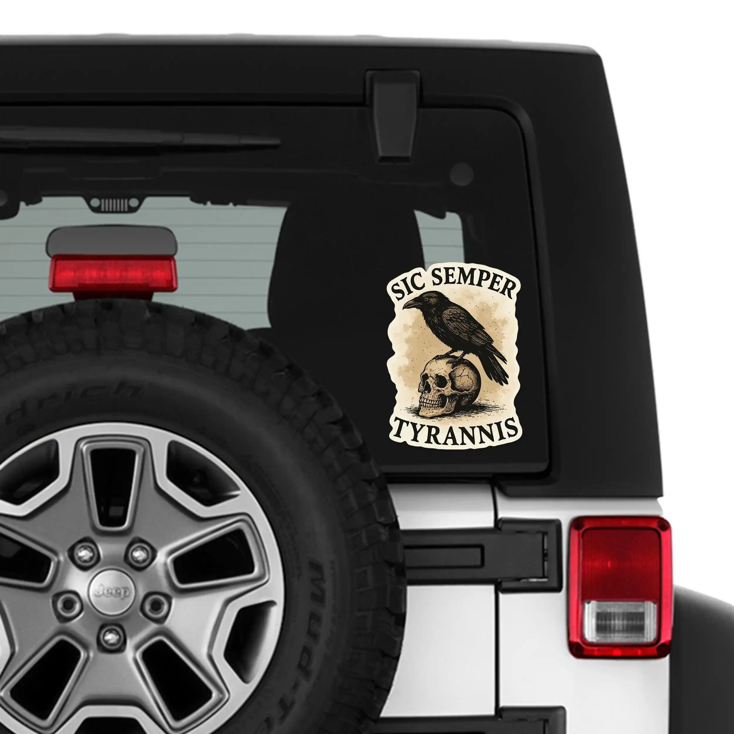 Sic Semper Tyrannis Latin Motto Raven Skull Vinyl Car Sticker Waterproof Durable Decal for Car Window and Laptop