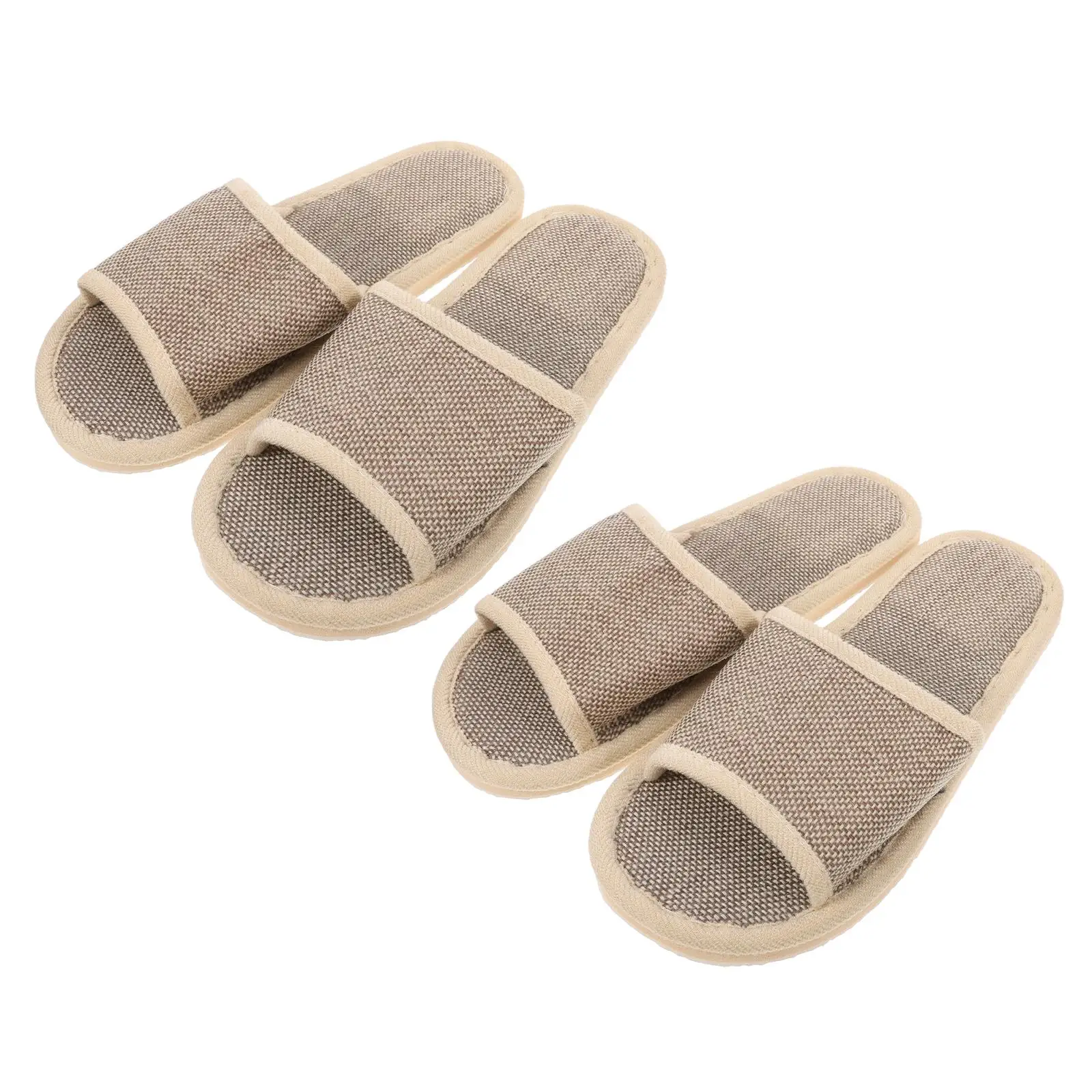 2 Pairs Beige Hotel Slippers for Woman Open Toe House Women Linen Summer EVA Non-slip Travel