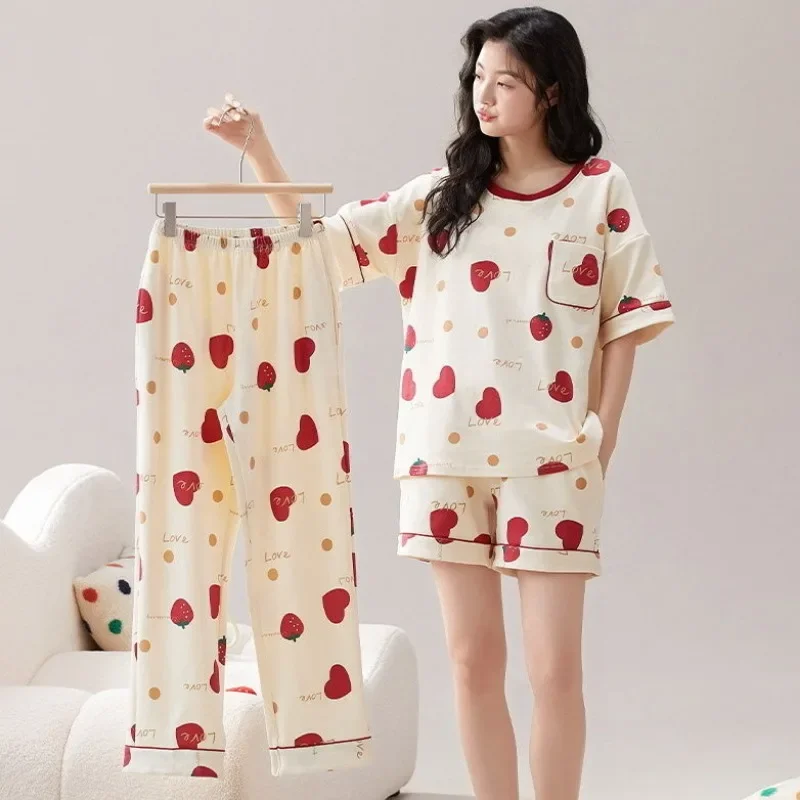 

With Chest Pads Women Three Piece Pajama Sets Cute Kawaii Sleepwear Underwear Short Sleeve Tops Pants Shorts Cartoon Loungewear