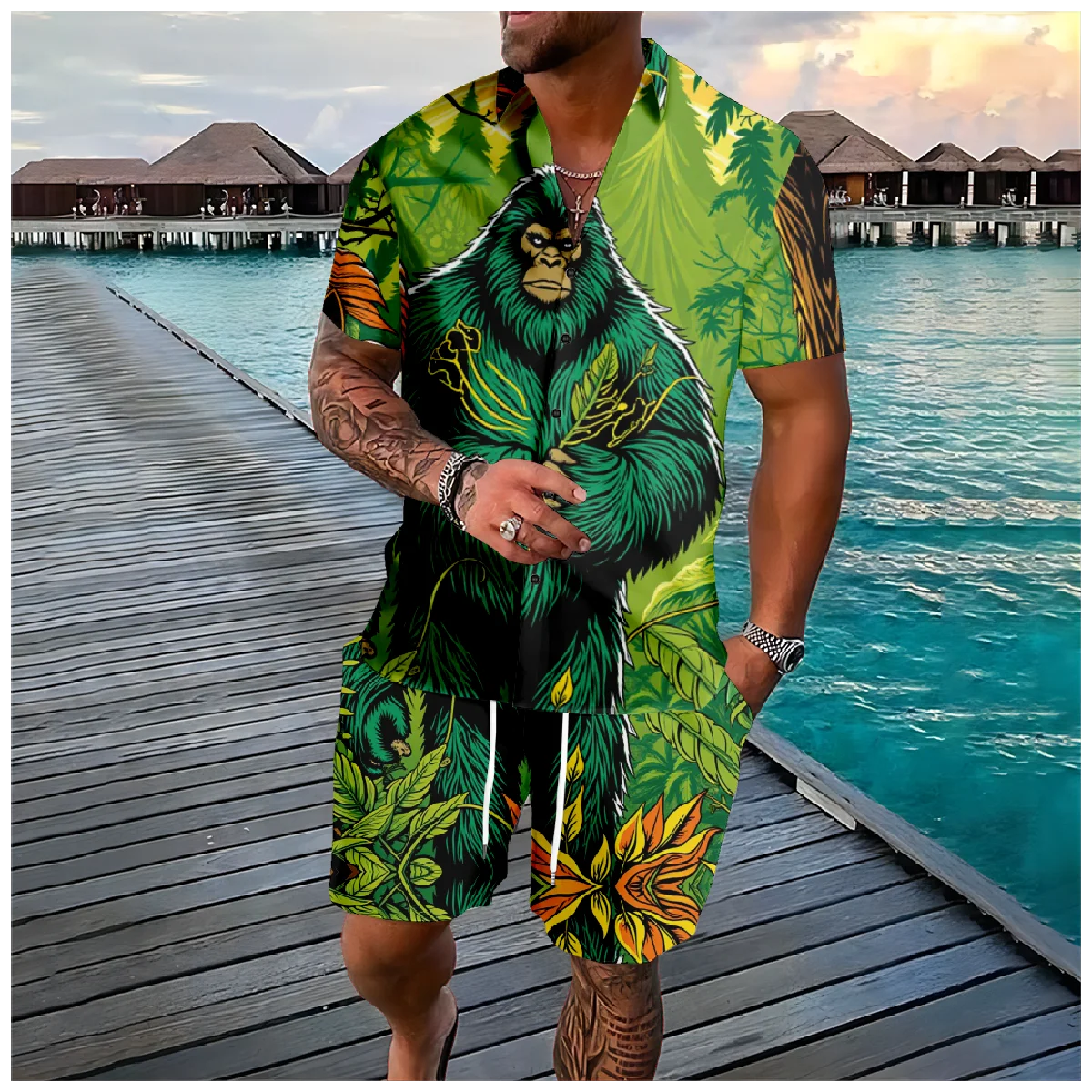 Leaves Orangutan Animal Shirt Shorts Set Men Beach Clothes For Men 2 Piece Set Quick Dry Hawaiian Shirt