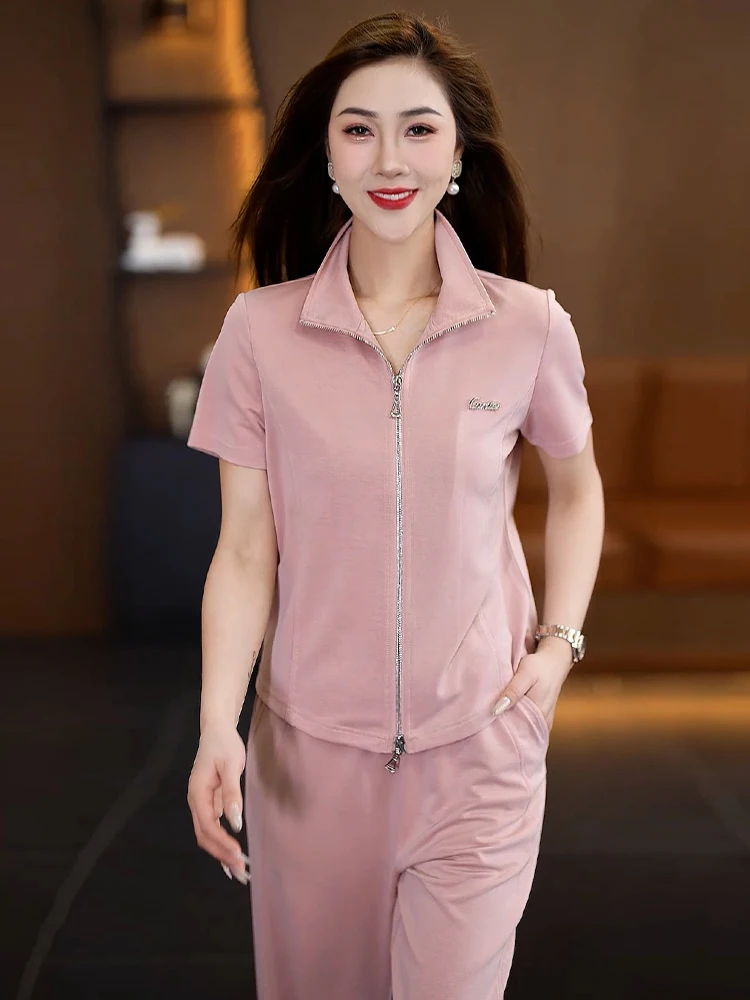 women's-summer-sportswear-set-casual-loose-lightweight-ort-sve-open-cardigan-long-pants-two-piece-suit-polyester-fiber