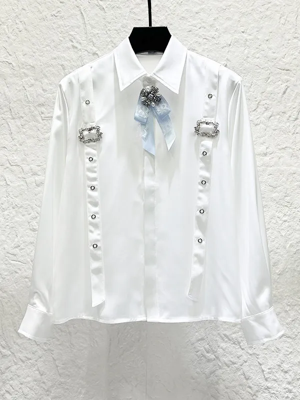 Luxury Fashion French Bow White Shirt Men's Personalized Shoulder Strap Design Ice Silk Shirt Social Stage Performance Costume