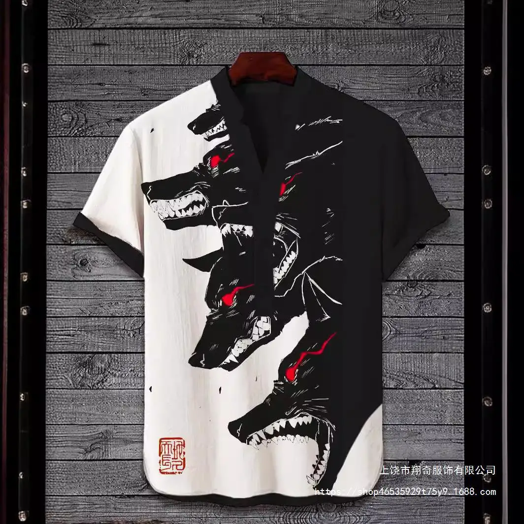 Men'sNew 3D Digital Heat Transfer Floral Animal landscape Picture Three-Button Stand Collar Short-Sleeved Shirt