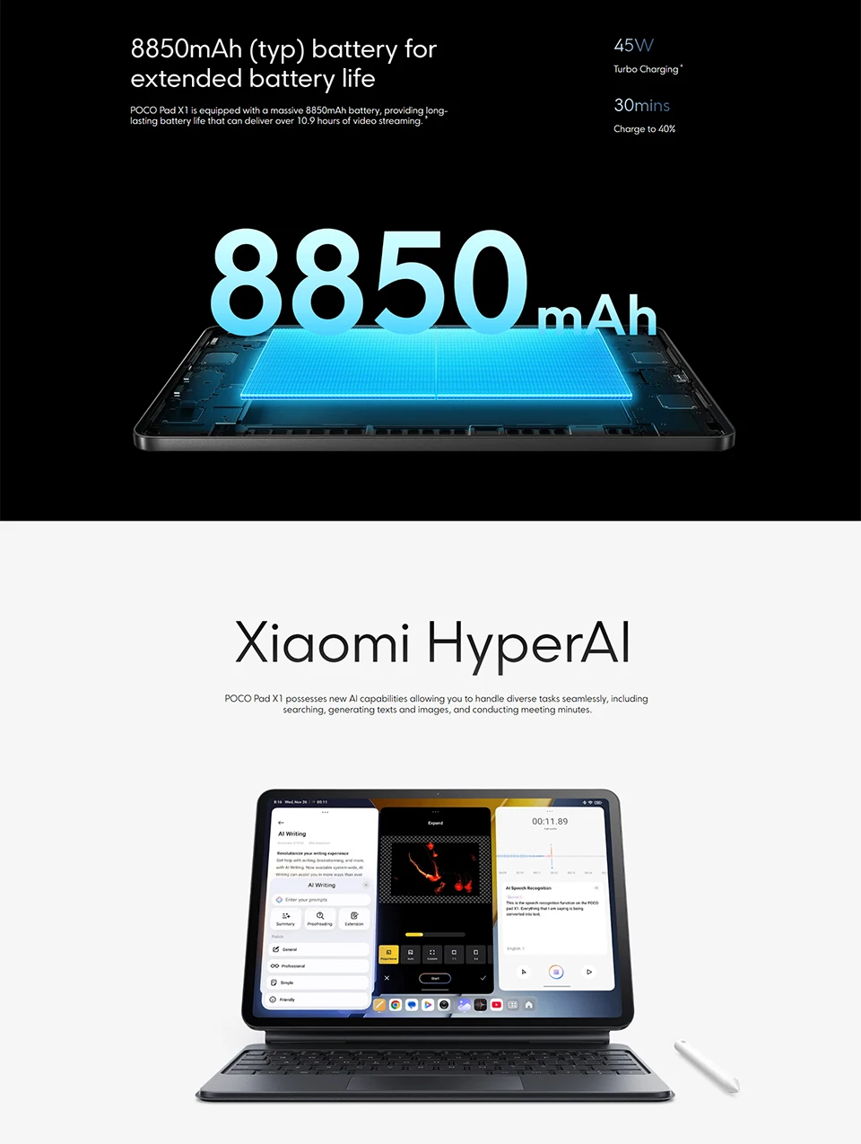 شاشة POCO Pad X1 Global Edition 11.2 بوصة 144 هرتز 3.2K Snapdragon 7 + معالج ثماني النواة من الجيل الثالث 45 وات 8850 مللي أمبير في الساعة #4