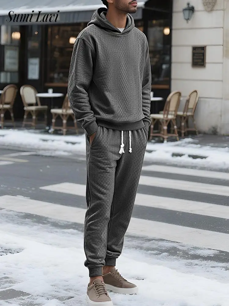 

Осень-зима, повседневные повседневные комплекты из двух предметов, мужские модные текстурированные спортивные костюмы, мужские винтажные толстовки с капюшоном и брючные костюмы