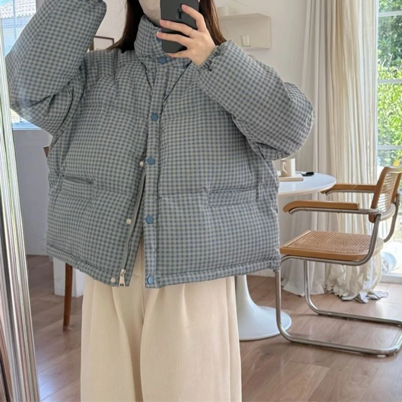 

Winter 2025 New Design Sense Casual Small Loose Plaid Stand-up Collar Cotton Clothes Thickened Jacket