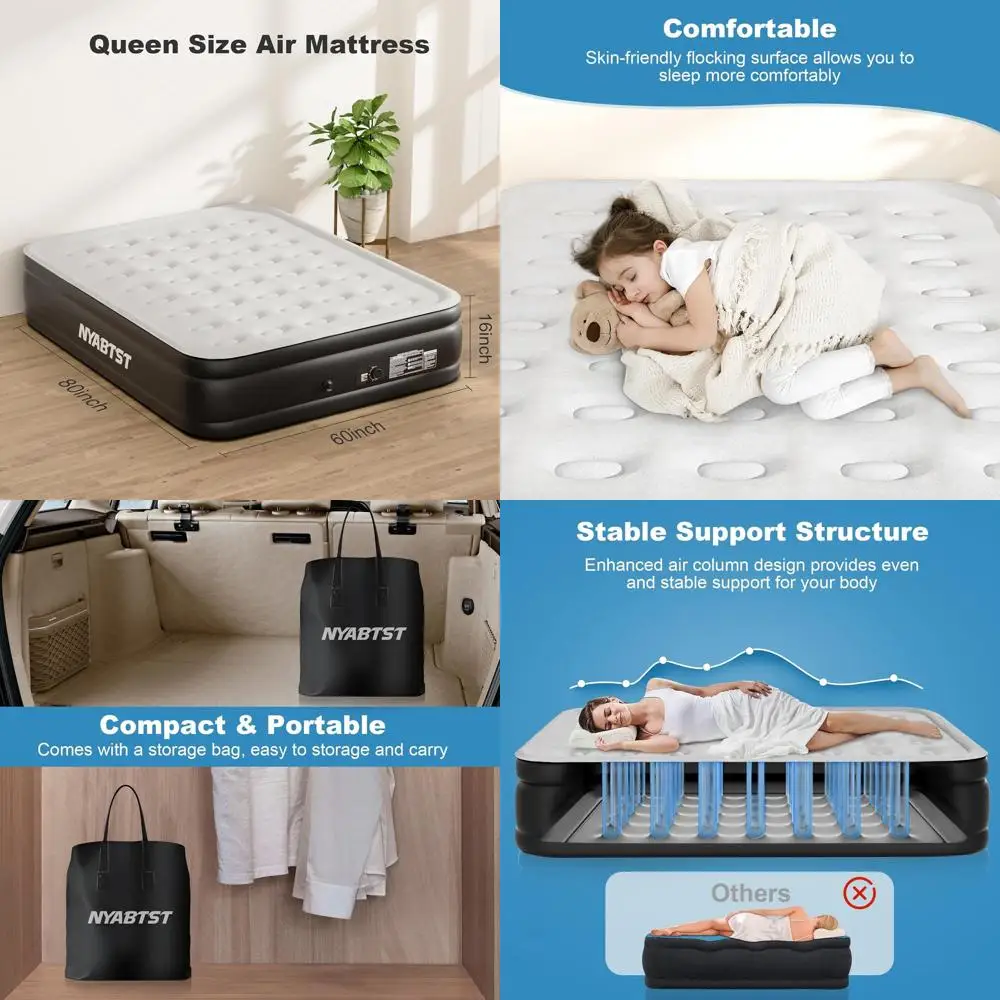 

16 Queen Air Mattress with Pump - Sturdy 3-Minute Inflatable Bed for Home & Camping, 660 lbs Capacity