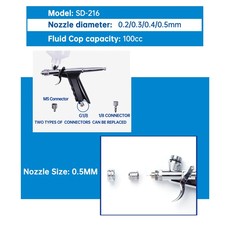 Professional 0.5mm Airbrush Set with Spray Tools Nozzle Cap Connector Accessories for Car Model Wall Painting Nails