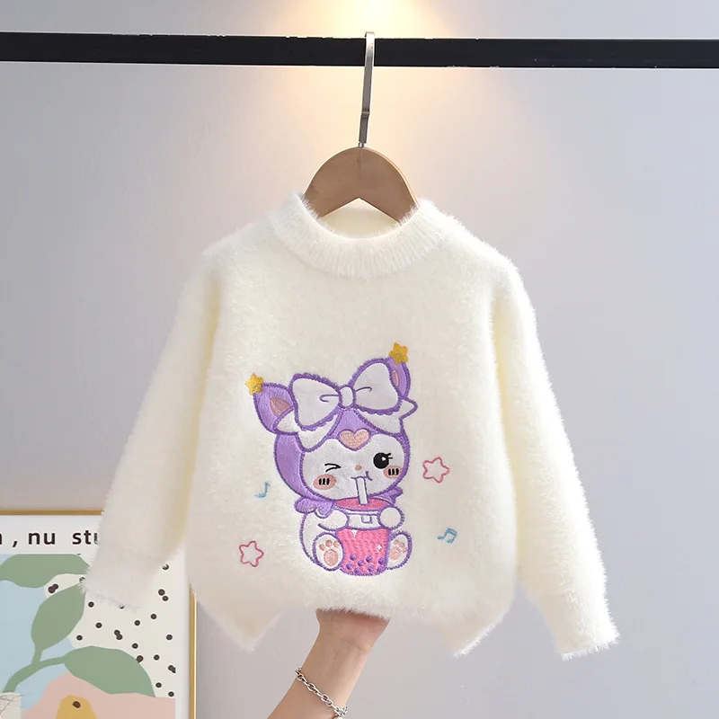 Miniso Sanrio Kuromi Girls Sweaters 2024 Autumn Winter Children Cartoon Pullover Teenagers Knit Sweater Plush Thicked Sweater