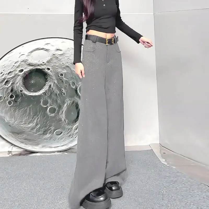 Grey sequin design straight leg pants women in autumn and winter 2025 new slim and fashionable commuting casual pants